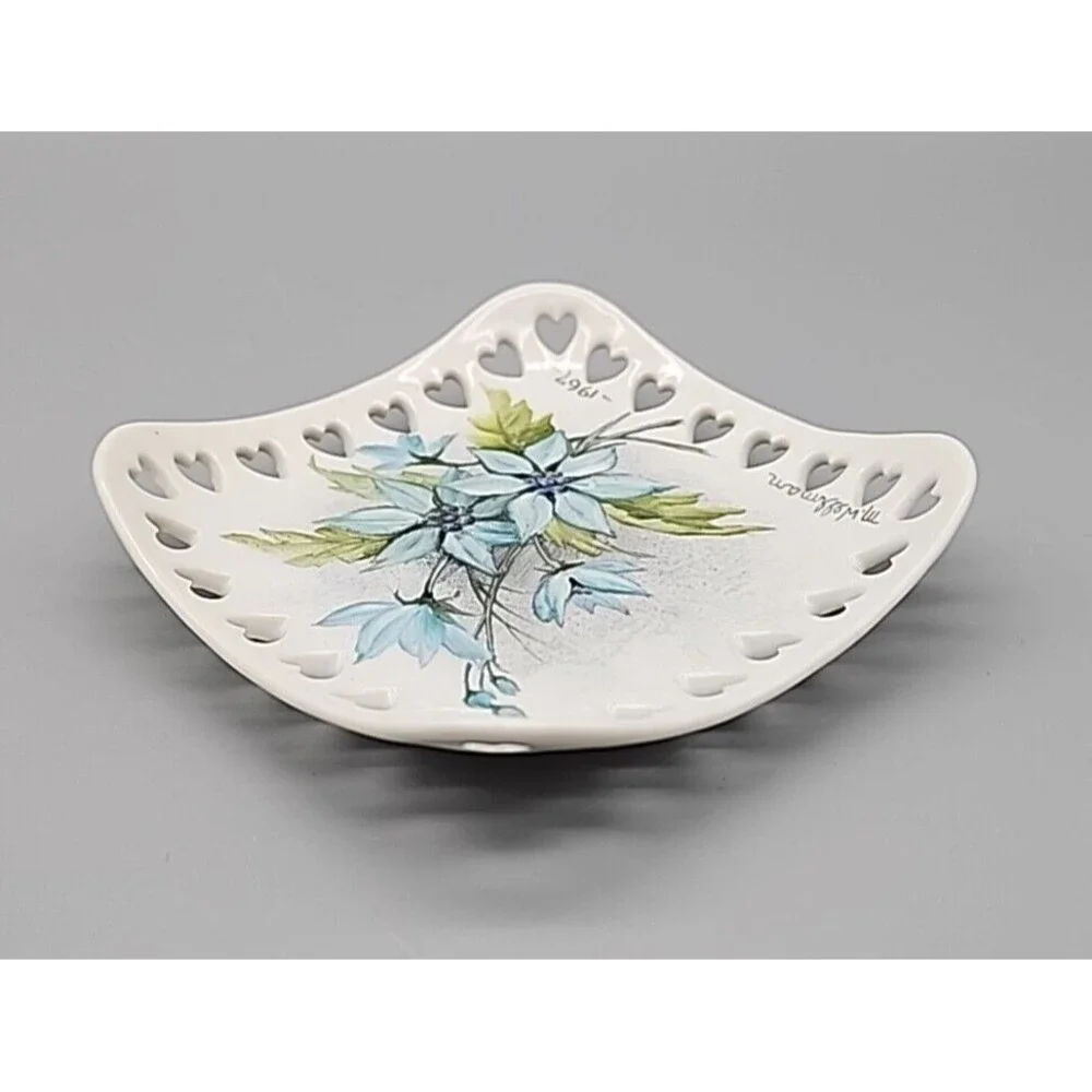 VTG Hand Painted Blue Floral Porcelain Square Dish Heart Cutouts 1967 Original